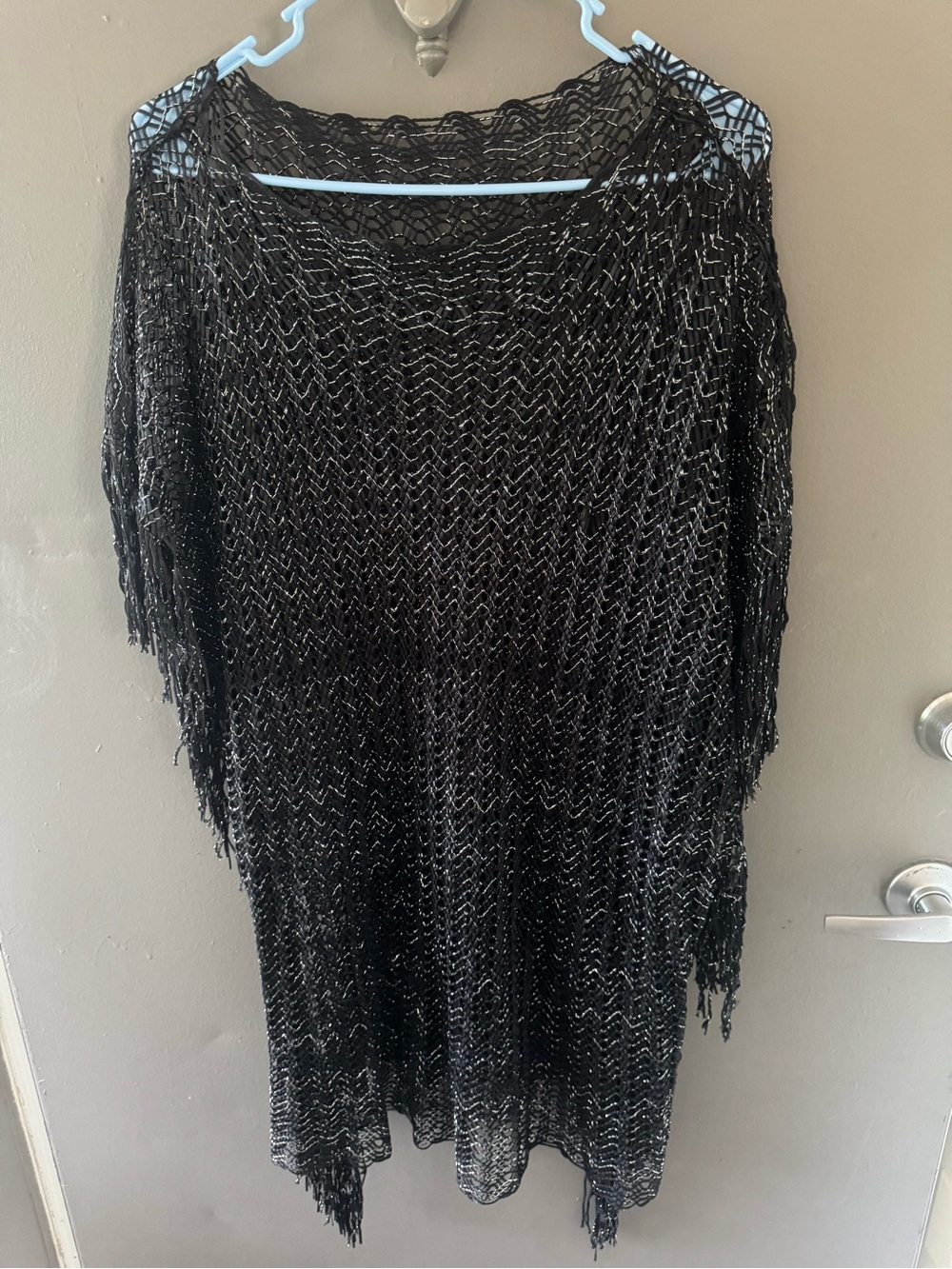 Black and Silver Open-Knit Fringe Tunic